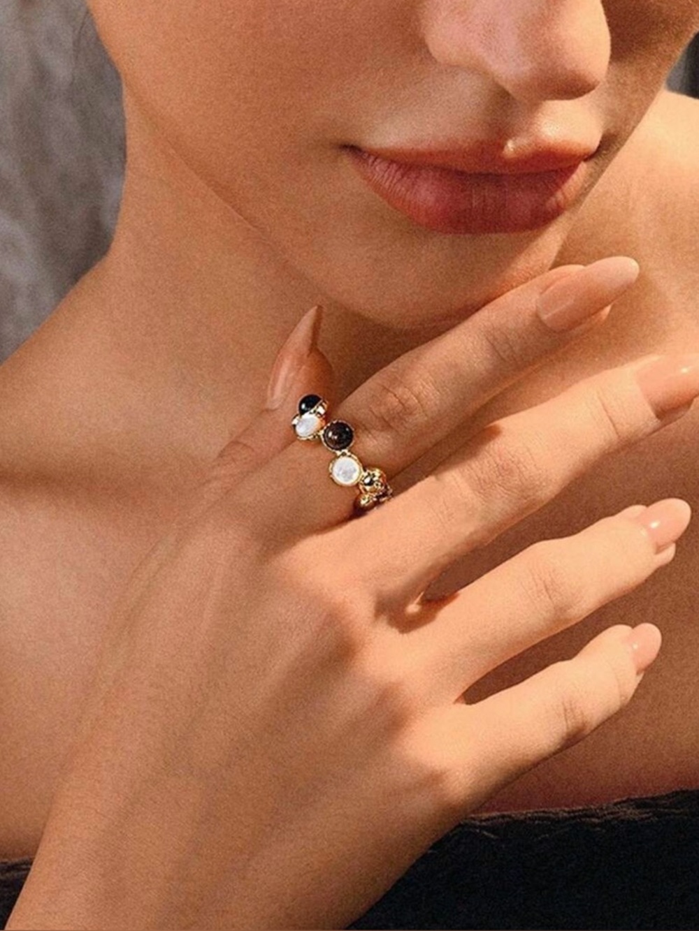 18K Gold Plated Multistone Open Band Ring with White and Brown Stones